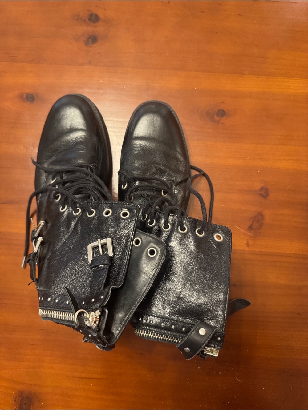 Zara Black Leather Lace-Up Combat Boots with Buckles and Zipper Detail